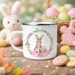 Personalised Pink Easter Bunny Enamel Mug with Name - Custom Girls Easter Cup - Cute Kids Hot Chocolate Mug - Easter Gift for Girls - Egg Hunt Keepsake - Bunny Mug for Children (Enamel, Pink)