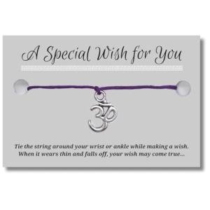 Vilda Jewellery Ohm Yoga Purple Wish Bracelet, Hemp with Tibetan Silver Charm on Printed Card, 12 inches long, Adjustable Tie On Unisex Design, Friendship Anklet, Spiritual Gift for Women