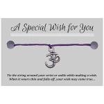 Vilda Jewellery Ohm Yoga Purple Wish Bracelet, Hemp with Tibetan Silver Charm on Printed Card, 12 inches long, Adjustable Tie On Unisex Design, Friendship Anklet, Spiritual Gift for Women