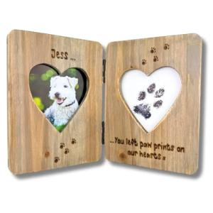 Pet Loss Dog or Cat Memorial Personalised Double Photo Frame Gift, Twin Wooden Picture Frame with Engraved Name, Paw Prints and the Quote You Left Your Paw Prints On Our Hearts
