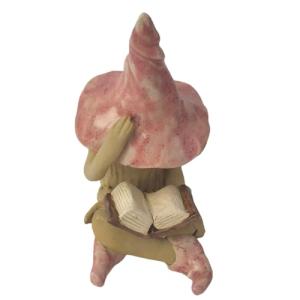 Fairy garden shy fairy, ceramic plant pot ornament, hand made and hand painted, reading a book of fairytales, pink hat and boots. Cross legged. ORIGINAL DESIGN MADE IN ENGLAND BY SALLY MOSS