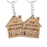 Personalised Wooden Keyring Set – Our First Home Gift – Custom Names & House Number – New Home Keyrings for Couples – Housewarming Present – Set of 2 (Our New Home)