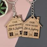 Personalised Wooden Keyring Set – Our First Home Gift – Custom Names & House Number – New Home Keyrings for Couples – Housewarming Present – Set of 2 (Our New Home)