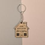 Personalised Wooden Keyring Set – Our First Home Gift – Custom Names & House Number – New Home Keyrings for Couples – Housewarming Present – Set of 2 (Our New Home)