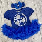 Baby Girl's Chelsea's Cutest Fan Football Blue Tutu Romper with Headband, Newborn Baby Football Kit (0-3 Months)