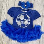 Baby Girl's Chelsea's Cutest Fan Football Blue Tutu Romper with Headband, Newborn Baby Football Kit (0-3 Months)