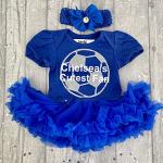 Baby Girl's Chelsea's Cutest Fan Football Blue Tutu Romper with Headband, Newborn Baby Football Kit (0-3 Months)