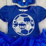 Baby Girl's Chelsea's Cutest Fan Football Blue Tutu Romper with Headband, Newborn Baby Football Kit (0-3 Months)