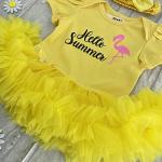 Baby Girls Hello Summer Yellow Tutu Romper with Bow Headband, Newborn Holiday Dress (3-6 Months)