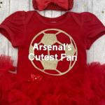 Little Secrets Clothing Arsenal Baby Girl's Cutest Fan Football Red Tutu Romper with Headband, Short Sleeved Cotton Soft Newborn Kit with Gold Glitter Design, 0-3 Months