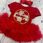 Little Secrets Clothing Arsenal Baby Girl's Cutest Fan Football Red Tutu Romper with Headband, Short Sleeved Cotton Soft Newborn Kit with Gold Glitter Design, 0-3 Months