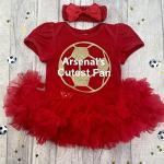 Little Secrets Clothing Arsenal Baby Girl's Cutest Fan Football Red Tutu Romper with Headband, Short Sleeved Cotton Soft Newborn Kit with Gold Glitter Design, 0-3 Months