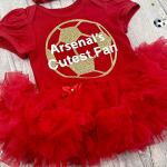 Little Secrets Clothing Arsenal Baby Girl's Cutest Fan Football Red Tutu Romper with Headband, Short Sleeved Cotton Soft Newborn Kit with Gold Glitter Design, 0-3 Months