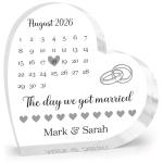 Wedding Gifts For Bride and Groom - Personalised Wedding Date Gift for Couples, The Day We Got Married, Acrylic Heart Block Ornament With Grey Gift Bag