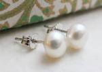 7mm Cultured Freshwater Pearl Sterling Silver Stud Earrings - Handmade Gemstone Jewellery Gift Ideas for Women Girls - Birthday Valentine's Gift - Bridal Wedding Bridesmaid
