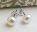 7mm Cultured Freshwater Pearl Sterling Silver Stud Earrings - Handmade Gemstone Jewellery Gift Ideas for Women Girls - Birthday Valentine's Gift - Bridal Wedding Bridesmaid