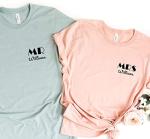 Pink Positive Personalized Mr Mrs Shirt | Bride Groom Surname Shirts | Honeymoon Shirts | Couple's Shirts | Wedding Party Shirts White