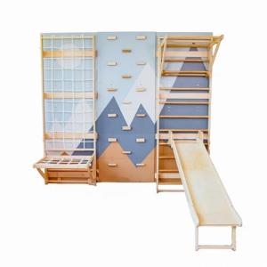 Woodandhearts Kids Gym Equipment, Playground,Indoor Climbing Frame, Monkey Bars, Kids Gym, Climbing Wall Grips for Kids, Rock Climbing Holds (Base Set+Step-Down Slide+Sit-Up Bar)