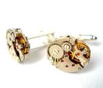 Watch Movement Cufflinks embedded with synthetic Rubies, Oval Shaped *