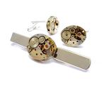 Watch Movement Cufflinks embedded with synthetic Rubies, Oval Shaped *