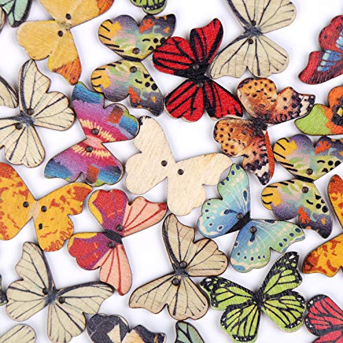 100 PCS Colorful Butterfly Wooden Buttons for DIY Scrapbooking