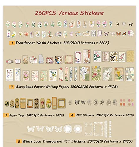 Vintage Flower Scrapbook Supplies Pack - 260 Pieces