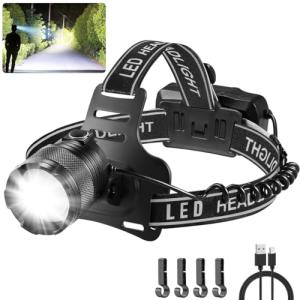 Bright Rechargeable Aluminum Headlamp with Adjustable Focus
