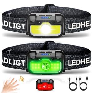 HOKOILN Headlamp Rechargeable 2 Pack, 1300 Lumen Ultra-Bright Head Lamp with Red Light, Waterproof Motion Sensor Head Lights for Forehead with White Green, 14 Modes Adjustable Headlight for Camping