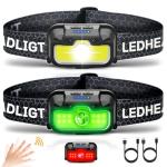 HOKOILN Headlamp Rechargeable 2 Pack, 1300 Lumen Ultra-Bright Head Lamp with Red Light, Waterproof Motion Sensor Head Lights for Forehead with White Green, 14 Modes Adjustable Headlight for Camping