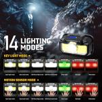 HOKOILN Headlamp Rechargeable 2 Pack, 1300 Lumen Ultra-Bright Head Lamp with Red Light, Waterproof Motion Sensor Head Lights for Forehead with White Green, 14 Modes Adjustable Headlight for Camping