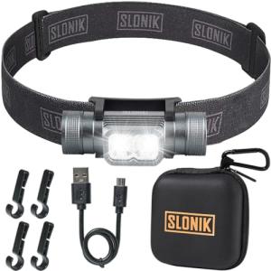 SLONIK Rechargeable Headlamp for Adults - 1000 Lumens Super Bright 60 ft Beam LED Flashlight - Lightweight, Heavy-Duty, IPX4 Waterproof Hard Hat Light - Camping Gear, Running Headlight, Black
