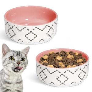 MSBC Ceramic Cat Bowls (13oz/390ml), Cute Cat Food and Water Feeder Set, Whisker Stress Free, Dishwasher Safe, Set of 2, Pink