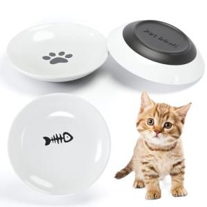 Dazhshun Cat Bowls,Ceramic Cat Food Bowls for Indoor Cats,Whisker Fatigue Shallow Cats Dishes for Food and Water,Non-Slip Silicone Kitten Food Bowls,3 Pack Kitten Plates Feeding and Drinking