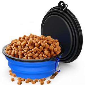 2 Pack Collapsible Dog Bowl Travel Portable Pet Bowls [34oz,1000ml],Expandable Foldable Food Water Feeding Dishes for Traveling Hiking Walking,with Carabiners [Black,Blue]