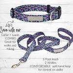 Lucky Love Dog, Matching Dog Collar & Leash Set for Female Dogs, Soft, Adjustable, Safe for Training and Walking, Black & Purple Floral Print, Primrose Combo, Small
