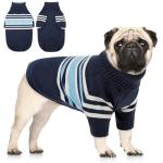 Queenmore Dog Striped Knitted Sweater, Turtleneck Pullover Pet Coat, Dog Winter Clothes with Leash Hole for Small Medium &Large Dogs(Navy Blue,M)