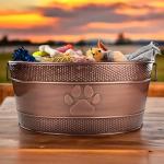BREKX Indestructible Metal Dog Toy Bin - Copper Galvanized Storage Bin with Handles, Puppy Basket for Dog Storage, Blankets, & Leashes, Paw Pet Toy Box (25-Quart)