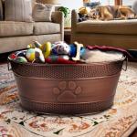 BREKX Indestructible Metal Dog Toy Bin - Copper Galvanized Storage Bin with Handles, Puppy Basket for Dog Storage, Blankets, & Leashes, Paw Pet Toy Box (25-Quart)