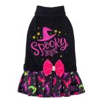 CuteBone Halloween Dog Sweater Dress Spooky Embroidery Turtleneck Puppy Sweater with Bowtie Harness Hole Pullover Winter Dress for Small Dogs