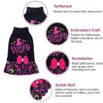 CuteBone Halloween Dog Sweater Dress Spooky Embroidery Turtleneck Puppy Sweater with Bowtie Harness Hole Pullover Winter Dress for Small Dogs