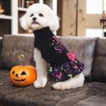 CuteBone Halloween Dog Sweater Dress Spooky Embroidery Turtleneck Puppy Sweater with Bowtie Harness Hole Pullover Winter Dress for Small Dogs