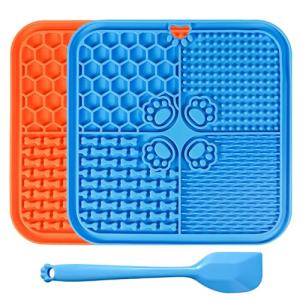 Lick Mat for Dogs, Dog Lick Mat with Suction Cups, Pet Food Mats and Slow Feeder Cat Bowl for Dog Anxiety Relief Pet Enrichment Toys for Bathing Station and Cat Grooming 2 Pack (Blue & Orange)