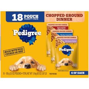 Pedigree Chopped Ground Dinner Adult Soft Wet Dog Food 18-Count Bacon Filet Mignon Variety Pack, 3.5 oz. Pouches