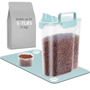 5Lbs/6Qt Portable Airtight Dog Cat Food Container, Match Pet Feeding Mat Clean and Convenient, Making Less Messy, Translucent Storage Bin for Small Animal Kibble, Bird Seed, Oatmeal, Rice-Sky Blue