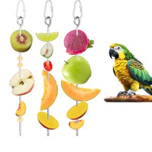 3 PCS Bird Food Holder, Small Animal Stainless Steel Fruit Vegetable Stick Holder Bird Feeder Toy Cage Foraging Hanging Food Feed Treating Tool for Parrots Cockatoo Cockatiel