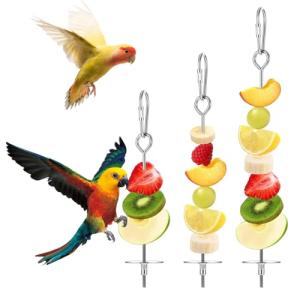 3Pcs Parrot Fruit Stick Feeder Fruit Vegetable Treats Skewer Bird Cage Stainless Steel Food Holder for Hanging Bird Foraging Toys for Macaw Parakeet Budgie (3 Sizes)