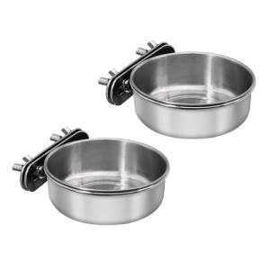 DVHEY 2 Pcs Small Bird Feeding Dish Cups,Parrot Food Bowl Cage with Clamp Holder Stainless Steel,Birdcage Coop Water Feeder for Cockatiel Parakeet Macaw Finches Lovebirds Small Animals (2 Pack, Small)