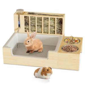 Chloraeon 4-in-1 Waterproof Wooden Rabbit Hay Feeder with Litter Box, 2 Bowls, and Water Bottle, Large Capacity and Waste-Preventing Design, for Guinea Pig, Chinchilla, Bunny, and Other Small Animals