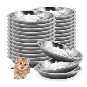 Hamiledyi 24 Pcs Stainless Steel Cat Bowls Shallow Metal Pet Dishes Cat Food Feeding Plates Replacement Whisker Fatigue Kitten Food Bowl for Dogs Cats and Other Small Animals (5.40 Inch Diameter)