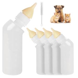 FEDIPUP Pack of 5 Reusable Pet Nursing Bottles with Short Silicone Nipples - Curved Feeding Bottles for Newborn Kittens, Puppies, Rabbits, Cats, Dogs - Ideal Bottle Kit for Small Animal Feeding